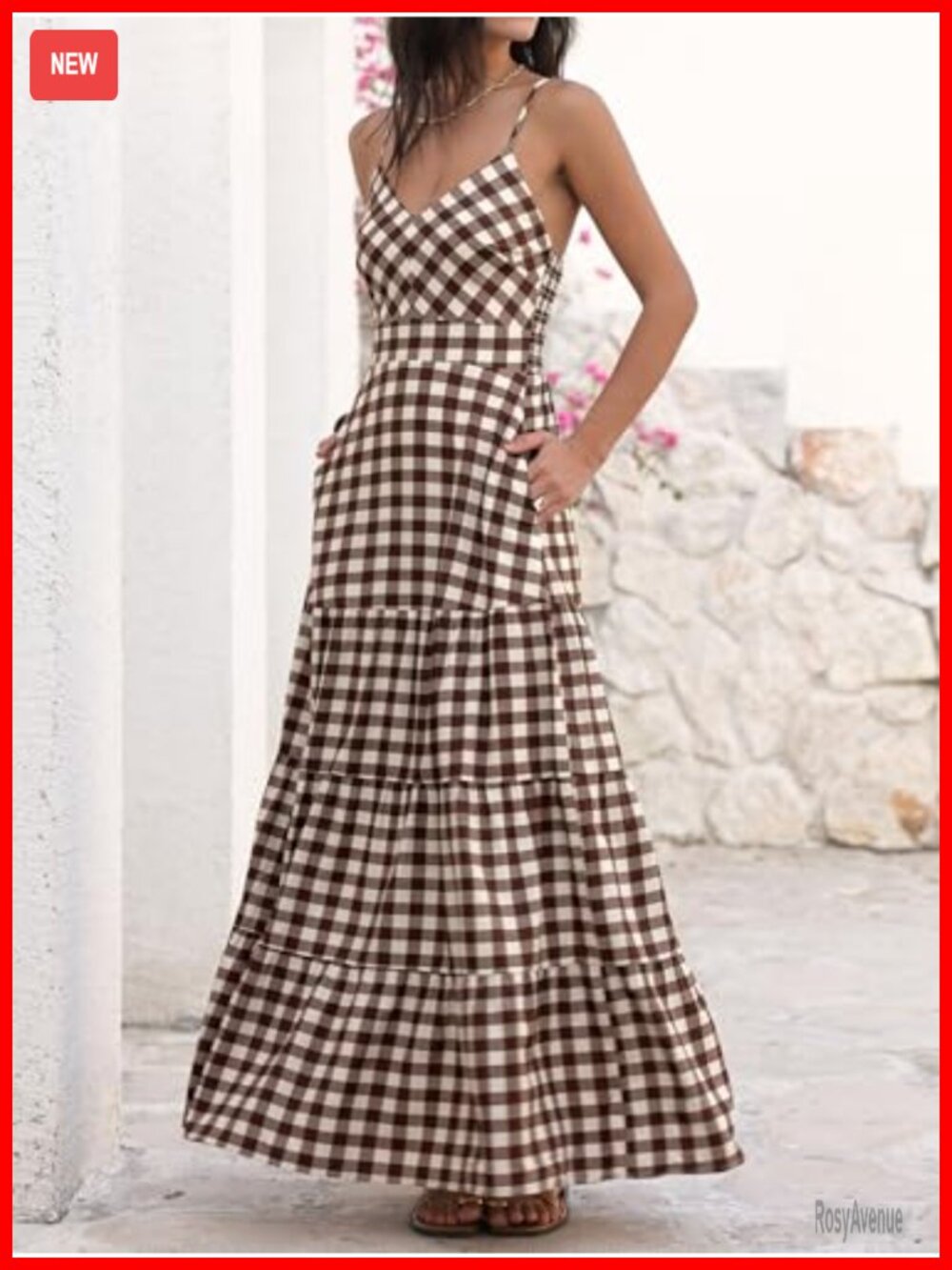 Smocked Maxi Dress with Pockets - Spaghetti Strap V Neck A-Line - Picture 4 of 7
